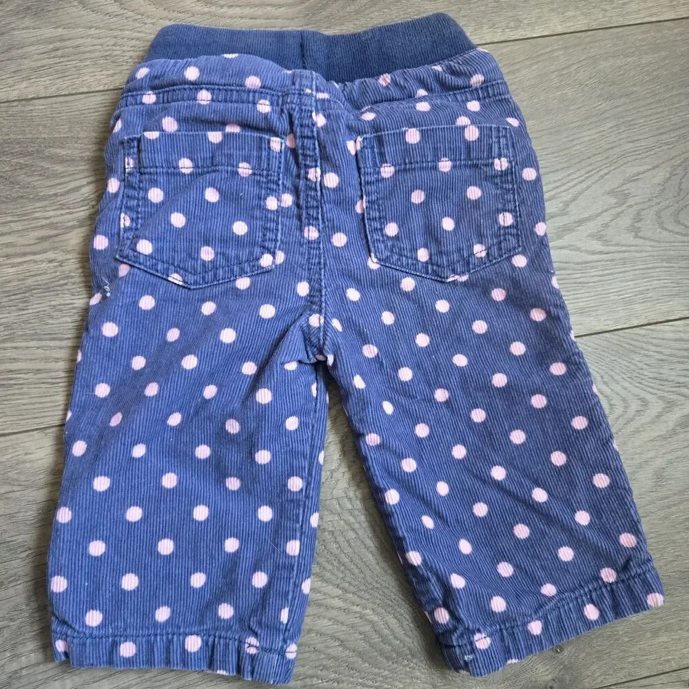 Baby Boden 3-6M Corduroy Pants Navy Blue Pink Polka Dot Lined Drawstring Girl